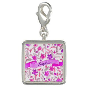 Watercolor floral purple pink name charm