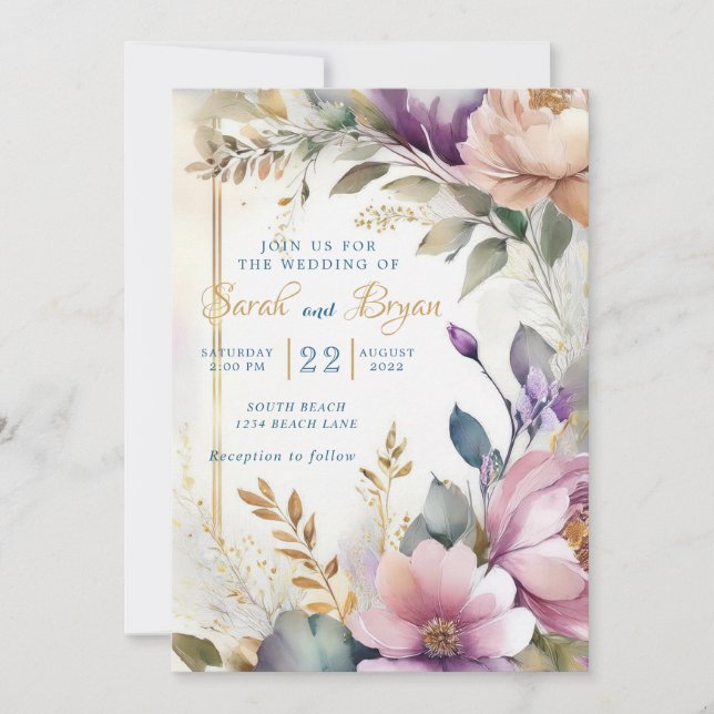 Watercolor Floral Purple Pink Wedding Invitation (Front)