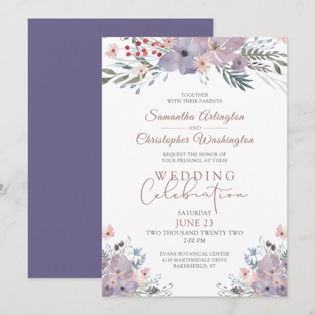 Watercolor Floral Purple Wedding Celebration Invitation (Front/Back)