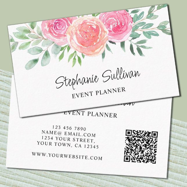 Watercolor Floral QR Code Event Planner Business Card (Creator Uploaded)