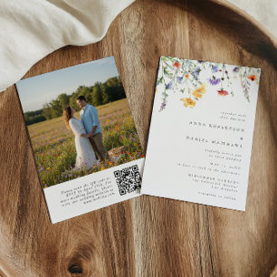 Watercolor Floral QR Code Photo Wedding Invitation