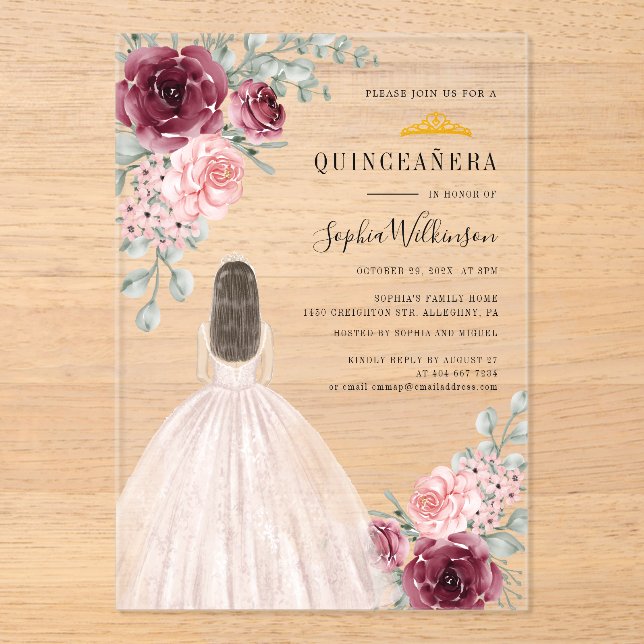 Watercolor Floral Quinceanera 15th Birthday Acrylic Invitations (Front)