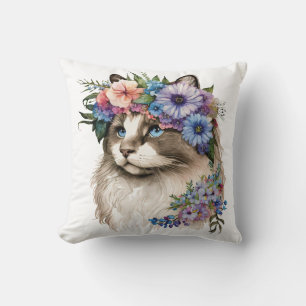 Watercolor Floral Ragdoll Cat Personalized  Throw Pillow