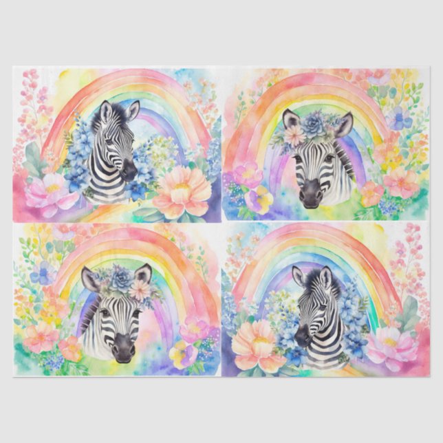 Watercolor Floral Rainbow & Zebra Decoupage Tissue Paper (Front)