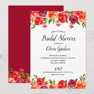 Watercolor Floral Red Orange Bridal Shower Invitation