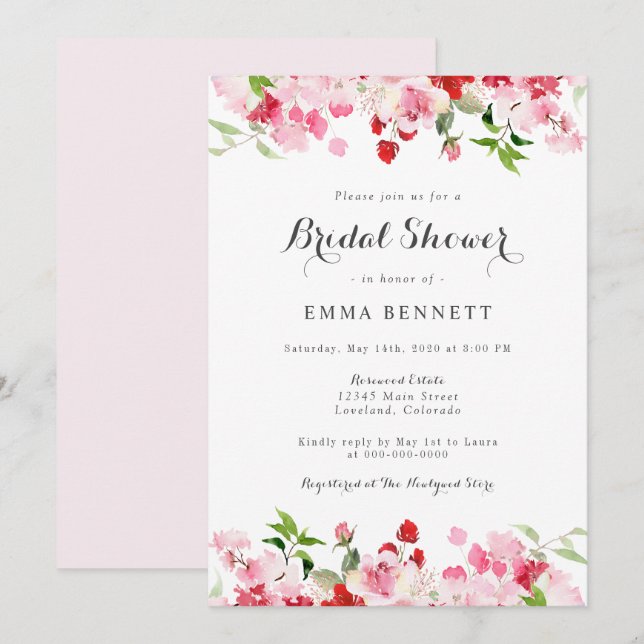 Watercolor Floral Red Pink Bridal Shower Invitation (Front/Back)