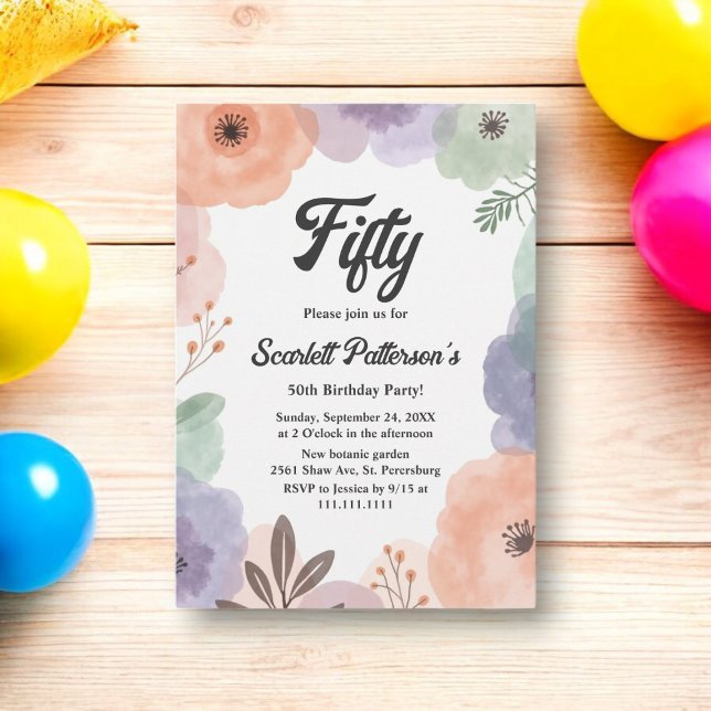 Watercolor Floral Romantic Abstract 50th Birthday Invitation (Creator Uploaded)