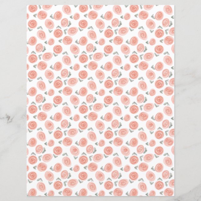 Watercolor Floral Romantic Roses Scrapbook Paper (Front)
