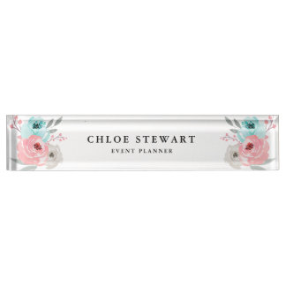 Watercolor Floral Rose and Turquoise Nameplate