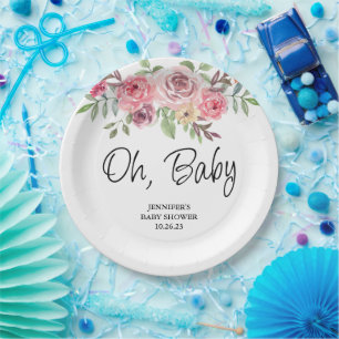 Watercolor Floral Rose Oh Baby Baby Shower Paper Plate