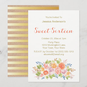 Watercolor Floral Rose Rustic Gold Sweet 16 Invitation