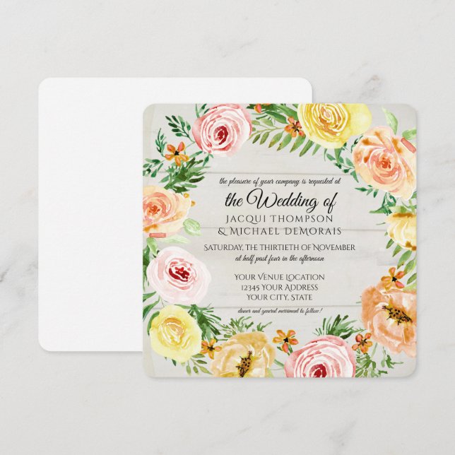 Watercolor Floral Rose Wreath Roses Rustic Wood Invitation (Front/Back)