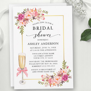 Watercolor Floral Roses Pink Bow Bridal Shower Invitation