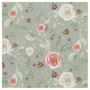 Watercolor Floral Roses w Eucalyptus Foliage Sage Fabric