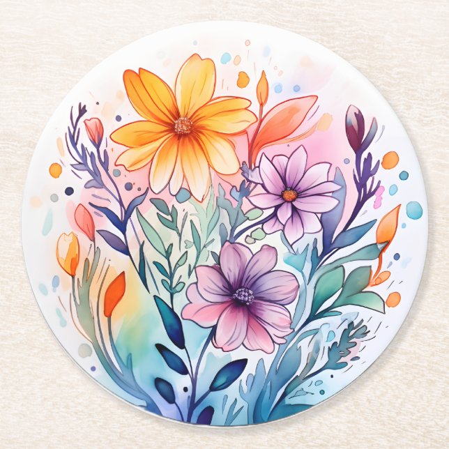 watercolor floral round paper coaster (Front)