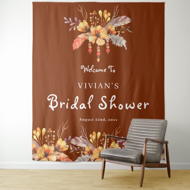 Watercolor Floral Rust Bridal Shower Welcome Tapestry (In Situ)