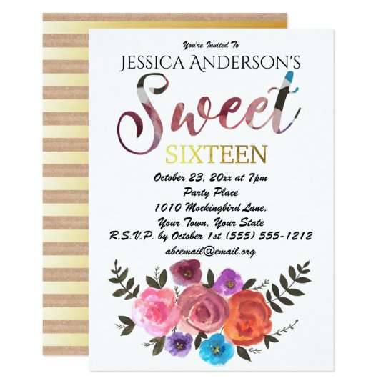 Watercolor Floral Rustic Gold Sweet 16 Card