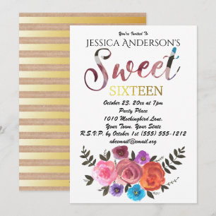 Watercolor Floral Rustic Gold Sweet 16 Invitation