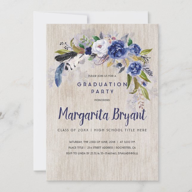 Watercolor Floral Rustic Navy Graduation Party Invitation (Front)