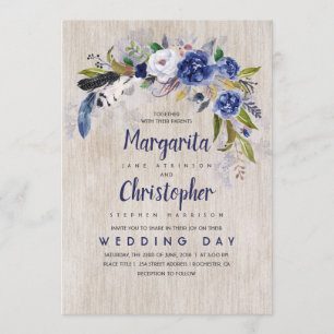 Watercolor Floral Rustic Navy Wedding Invitation