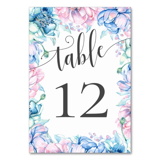 Watercolor Floral & Rustic Wood Farmhouse Wedding Table Number (Front)