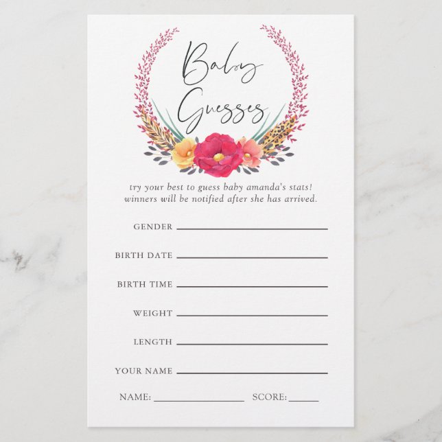 Watercolor Floral Safari Baby Shower Guesses Game (Front)