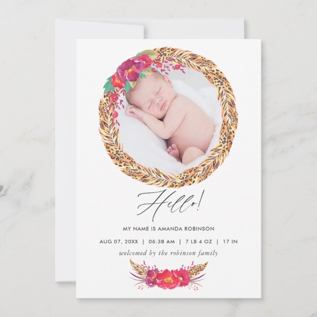 Watercolor Floral Safari Birth Announcement Card (Front)