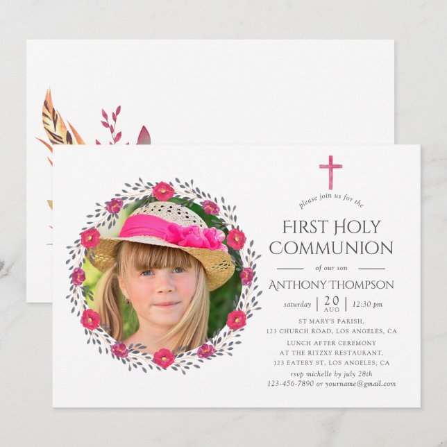 Watercolor Floral Safari First Holy Communion Invitation (Front/Back)
