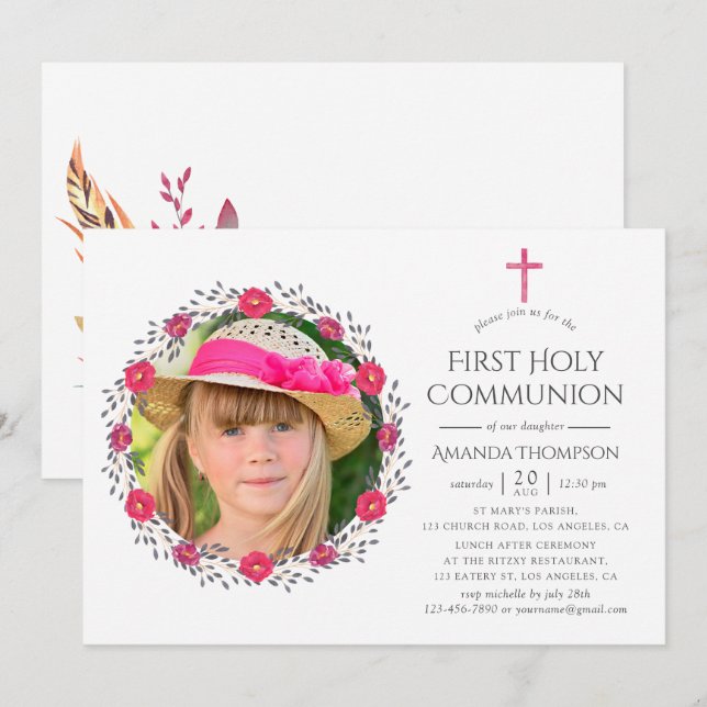 Watercolor Floral Safari First Holy Communion Invitation (Front/Back)