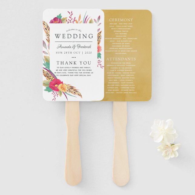 Watercolor Floral Safari Wedding Program Hand Fan (Front and Back)