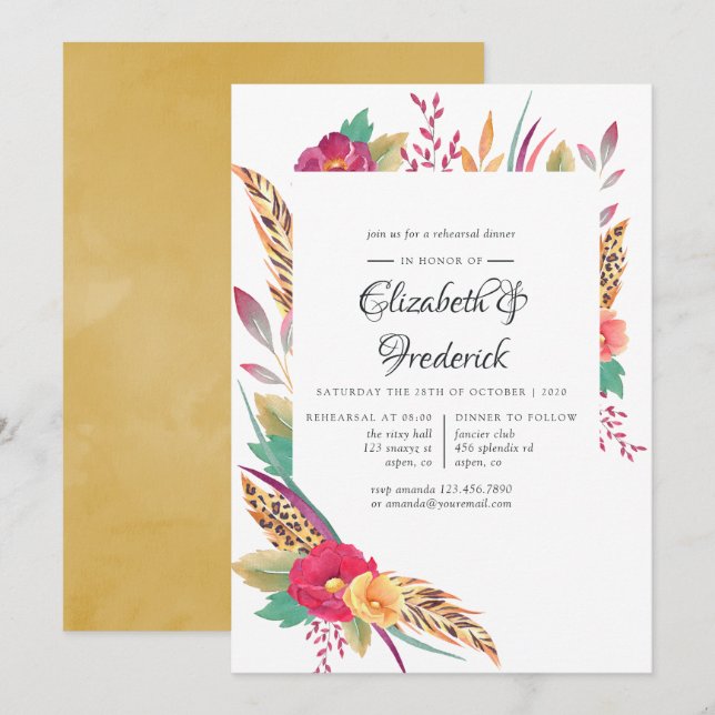 Watercolor Floral Safari Wedding Rehearsal Dinner Invitation (Front/Back)