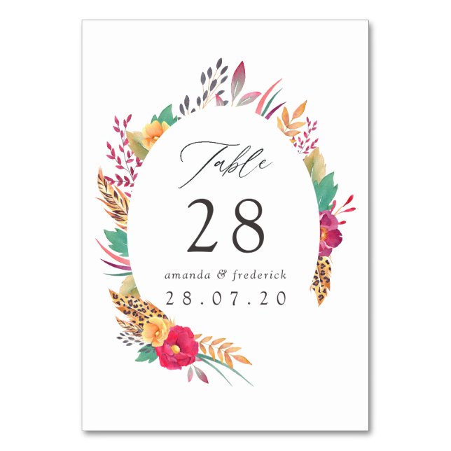 Watercolor Floral Safari Wedding Table Number (Front)