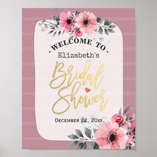 Watercolor Floral Script Bridal Shower Welcome Poster (Front)