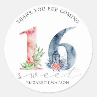 Watercolor floral script elegant sweet sixteen classic round sticker
