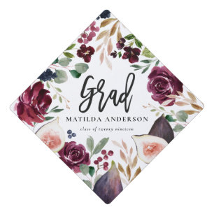 Watercolor floral + script graduation day cap topper