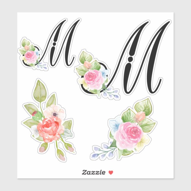 Watercolor Floral Script Monogram Letter M (Sheet)