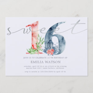 Watercolor floral script silver sweet sixteen invitation