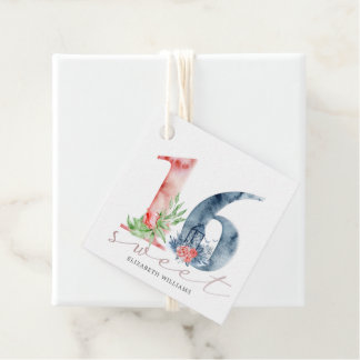 watercolor floral script sweet sixteen favour tag