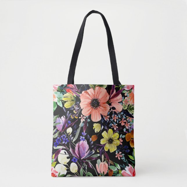 Watercolor Floral Seamless Garden Pattern Tote Bag (Front)