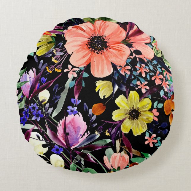 Watercolor floral seamless pattern. Different buds Round Pillow (Front)