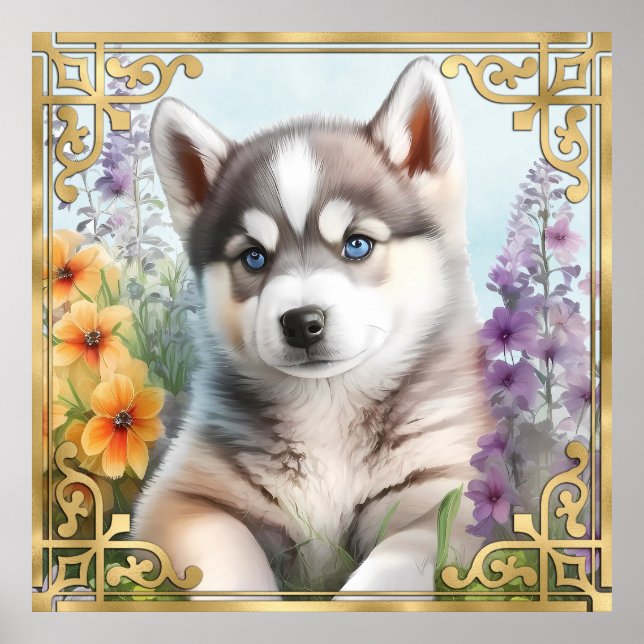 Watercolor Floral Siberian Husky with Gold Frame Poster (Front)