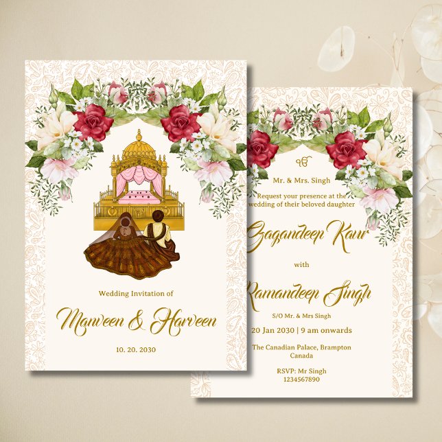Watercolor floral Sikh wedding invitation card (Creator Uploaded)