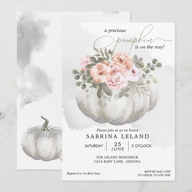 Watercolor Floral Silver White Pumpkin Baby Shower Invitation (Front/Back)