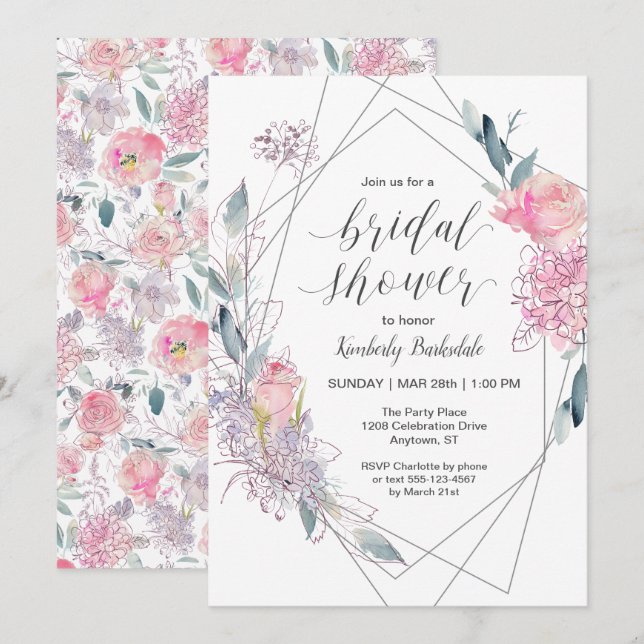 Watercolor Floral Sketch Geometric Bridal Shower Invitation (Front/Back)