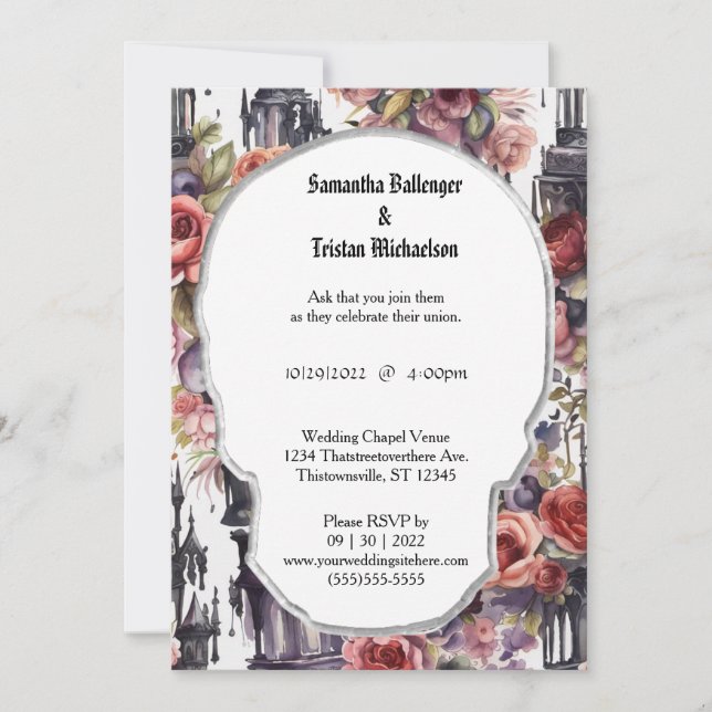 Watercolor Floral Skull Shape Modern Goth Wedding Invitation (Front)