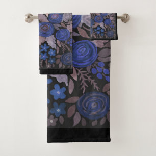 Watercolor floral small flowers navy roses brown l bath towel set