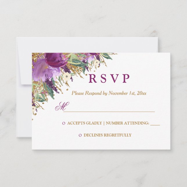 Watercolor Floral Sparkling Amethyst Wedding RSVP (Front)