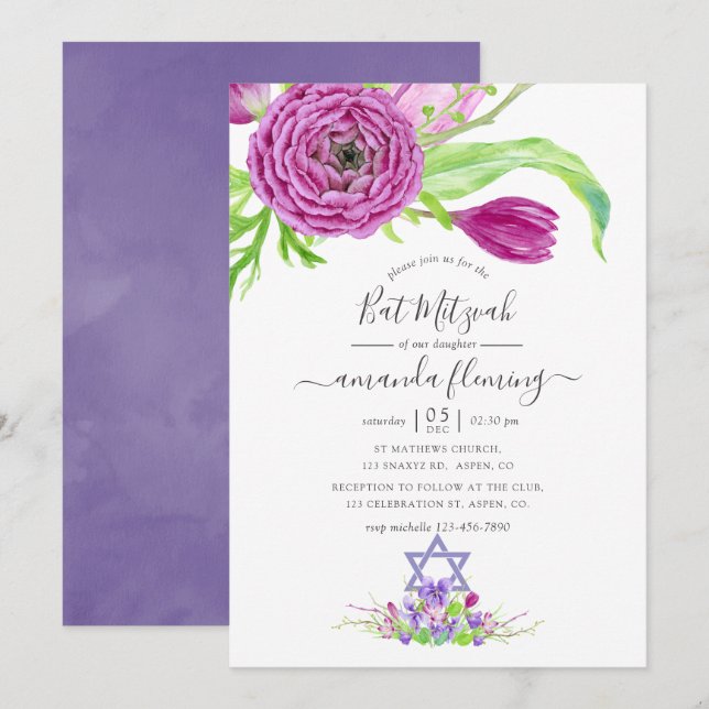 Watercolor Floral Spring Bat Mitzvah Invitation (Front/Back)