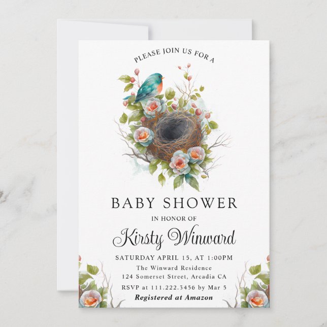 Watercolor Floral Spring Bird Nest Baby Shower Invitation (Front)