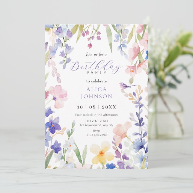 Watercolor floral spring birthday Invitation (Standing Front)